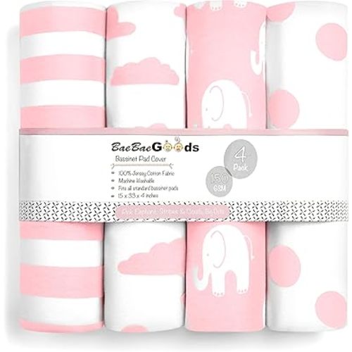 Bassinet Bed Sheets – Premium Bassinet Fitted Sheet for Halo, Mika Micky, Maxi COSI & Others - 4 Pack - 100% Jersey Knit - Bassinet Bedding for Standard Size Oval or Halo Bassinet Pads for Girls