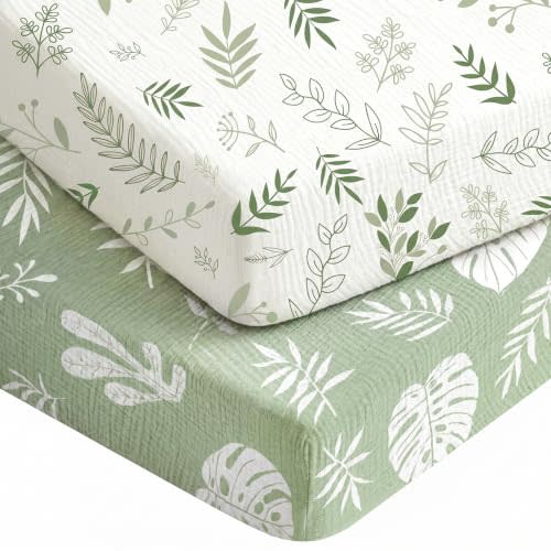 2 Pack Baby Muslin Crib Sheets for Boys Girls 52" x 28" (Green Leaf) | 100% Cotton, Soft and Breathable, Fitted Baby Sheets for Standard Crib Mattress, Neutral Toddler Bed Sheets, Baby Gifts