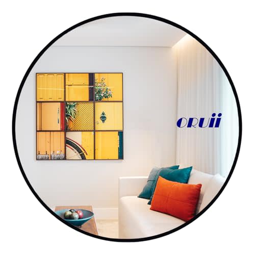 Oruii Round Mirror 28 inch, Black Round Mirror, Large Circle Mirrors Metal Frame, Black Circle Mirrors for Wall, Bathroom, Living Room, Dining Room, Entryway.