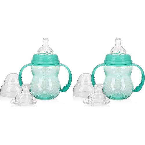 Nuby 3 Stage Tritan Wide Neck Grow with Me No-Spill Bottle to Cup, 8 Oz, Teal (Pack of 2)
