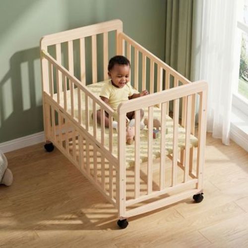 GDFStudio Dublin 3-in-1 Convertible Bedside Crib with Solid Pine Frame and Wheels, Natural