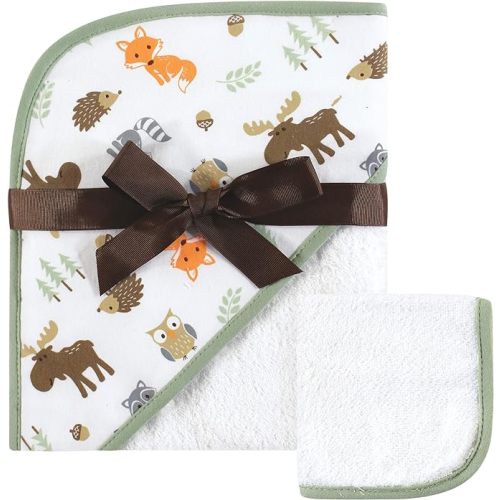 Hudson Baby Unisex Baby Cotton Hooded Towel and Washcloth, Woodland, One Size