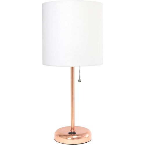 Oslo 19.5" Contemporary Bedside Power Outlet Base Standard Metal Table Desk Lamp in Rose Gold with White Drum Fabric Shade