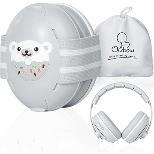 2-in-1 Baby Ear Protection for Babies Infant up to 48 Months, Baby Noise Cancelling Headphones with Cute Bear Design, Ear Muffs Noise Protection with Non-Slip Band for Airplane Travel Sleep, Gray