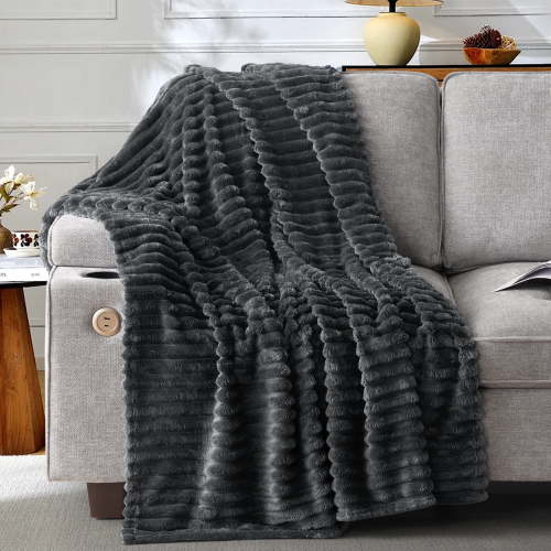 EMONIA Dark Gray Twin Blanket for Bed, 320GSM Super Soft Cozy Blankets and Throws, Decorative Throw Blankets for Women Men Gifts, Throws with Stripes for Sofa Bed Decor, 60''x80''