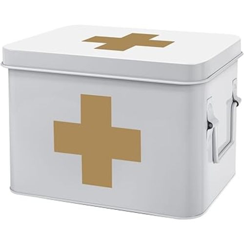Flexzion First Aid Medicine Box Supplies Kit Organizer - Empty 8" White Metal Tin Medic Storage Bin Hard Case with Removable Tray Black Cross, Vintage Antique Boxes for Home Family Emergency Tool Set
