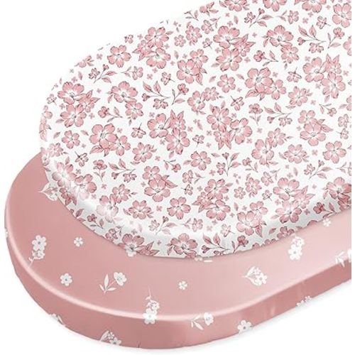 Unicorn Castle Satin Bassinet Sheets Baby 2 Pack Soft for Baby Hair Skin Fitted Bedside Bassinet Sheets for Newborn for Oval Rectangle Hourglass Bassinet Mattress,Pink Floral - Pink