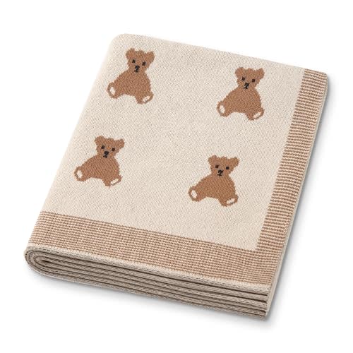 Organic Cotton Baby Blanket - Soft Luxury Knit Receiving Blanket for Newborns & Toddlers, Cozy Breathable Stroller Blanket with Pattern, Unisex, 30x40Inch（Bear-Khaki）