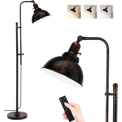 Industrial Floor Lamp Adjustable, Rustic Farmhouse Reading Lamp in Aged Black Finish, Modern Standing Lamp with Remote Control Metal Shade for Living Room Bedroom Study Room Office Hotel