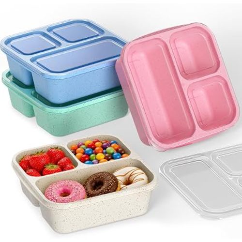 Bento Box for Kids 4-Pack, 3-Compartment Lunch Containers – Stackable Snack Boxes Made of Wheat Straw, Microwave/Dishwasher/Freezer Safe, Reusable Meal Prep Containers for School and Picnic (4 Colors)