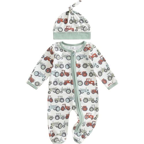 Infant Newborn Baby Boy Fall Outfit Farm Tractor Footed Romper Long Sleeve Zipper Jumpsuit Country Clothes Hat