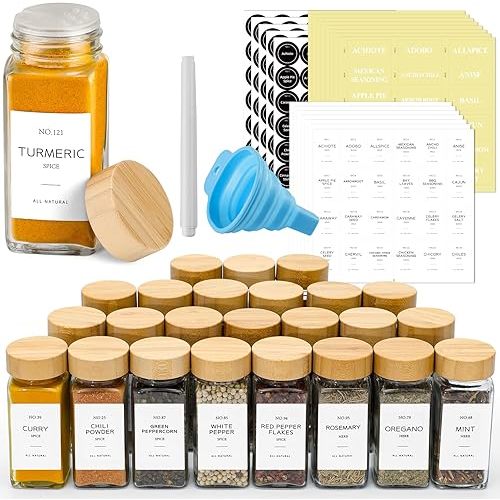 NETANY 24 Pcs Glass Spice Jars with Bamboo Lids, 4 oz Glass Jars with Minimalist Farmhouse Spice Labels Stickers, Collapsible Funnel, Seasoning Storage Bottles for Spice Rack, Cabinet, Drawer