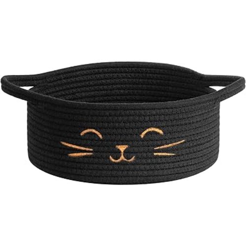 Small Storage Basket, Black Cute Pet Toy Storage for Cats, Dogs, Decorative Rope Bin for Organizing, Empty Gift Basket for Baby, Black, 9.8 x 4 inches