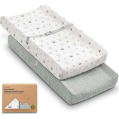 2-Pack Muslin Diaper Changing Pad Covers Boy, Girl – Soft Breathable Muslin Cotton Changing Table Cover, Organic Baby Changing Pad Sheets, Contoured Change Pads Liners Washable 34 x 18 (Nordic)