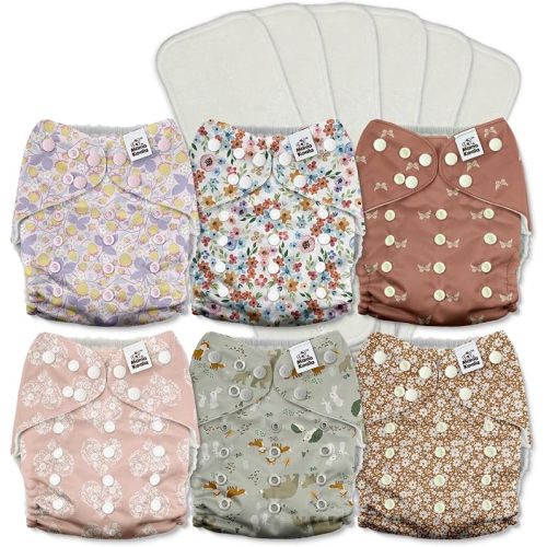 Mama Koala 3.0 Pocket Cloth Diapers for Babies with AWJ Lining, 6 Pack with 6 5-Layer Natural Cloth Diaper Inserts - Reusable and Washable Pocket Diapers(A-Wild Flowers)