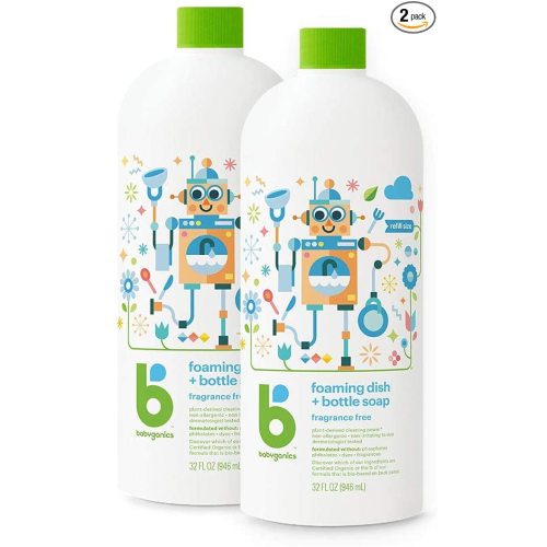 Babyganics Foaming Dish & Bottle Soap, Fragrance Free, Plant-Derived Cleaning Power, Removes Dried Milk, 32 Fl Oz (Pack of 2), Packaging May Vary