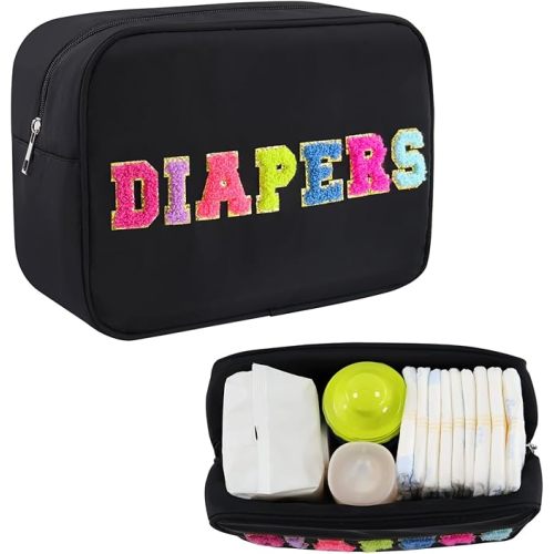 Portable Small Diaper Bag, Chenille Letter Diaper Caddy Organizer Pouch Newborn Baby Essentials Must Haves for Nursery Changing Table, Black Waterproof Diaper Pail Baby Shower Gifts for Mom To Be