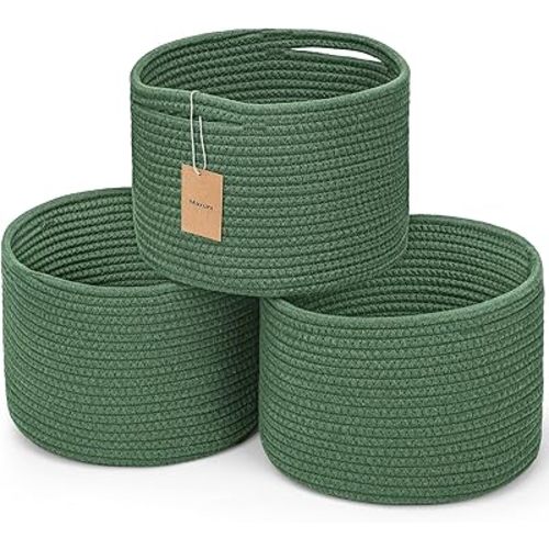 Small Rope Baskets for Storage, Baskets for Gifts Empty, Cute Round Woven Basket, Decorative Shelf Baskets 9.82×9.82×7.1", Cotton Toy Basket Storage Bins for Organizer 3 Packs Green