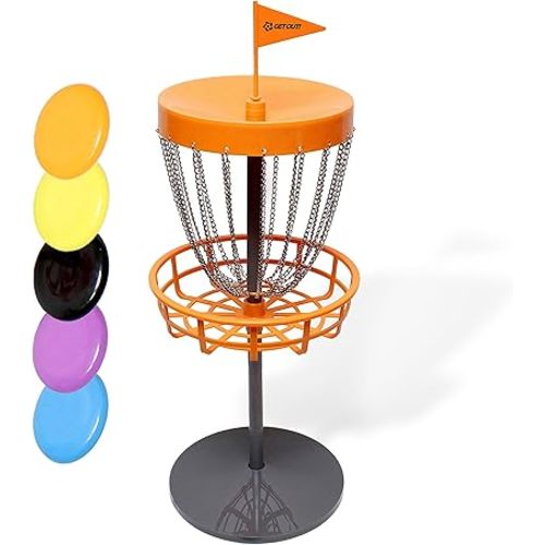 Get Out! Mini Disc Golf Set Mini Disc Golf Basket with Frisbees, Orange, Yellow, Blue, Purple, Black