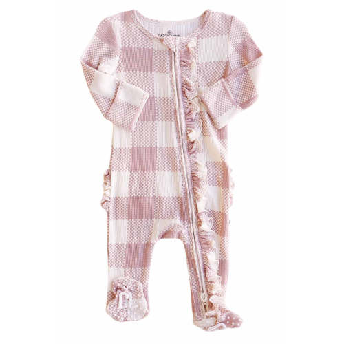 Big Check Bamboo Waffle Zipper Ruffle Footie | Rosy