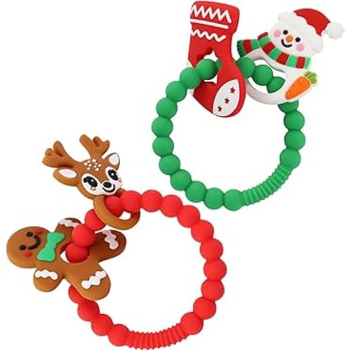 2 PCS Christmas Teething Ring Toys, Silicone Baby Teether Chew Toys for Newborns Infants Toddlers, Girl and Boy Christmas Stocking Stuffer Party Favors Gifts