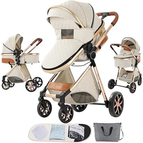 2 in 1 Baby Stroller, One Click Folding Convertible Newborn Infant parm, Standard Cart, Reclining Buggy That can be Pushed Forward and Backward, New Born Pushchair 0-36 Month (2USV9-WHITE)