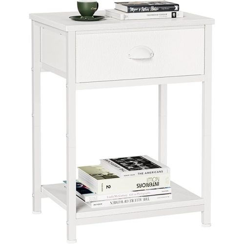 Furologee White Nightstand with Fabric Drawer, Small Side Table for Small Spaces, 2 Tiers Storage Shelves End Table, Night Stand for Living Room, Bedroom, Dorm