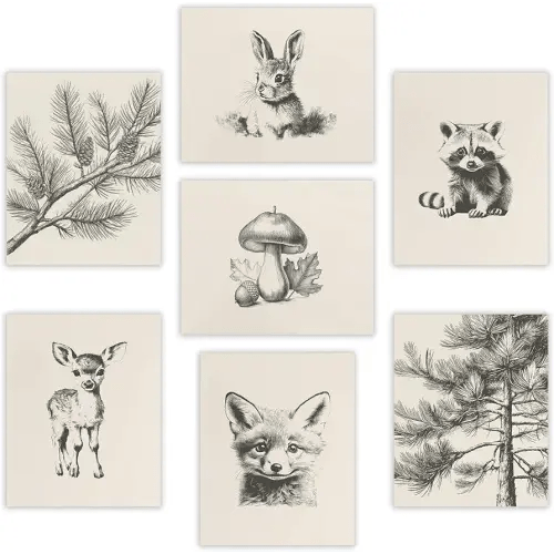 HDXUFJQ Neutral Nursery Wall Art Woodland Animal Canvas Wall Decor Forest Animal Themed Sketch Pictures Prints Vintage Nature Rustic Baby Kids Boys Girls Room Home Paintings Decor Unframed（12"x16"）