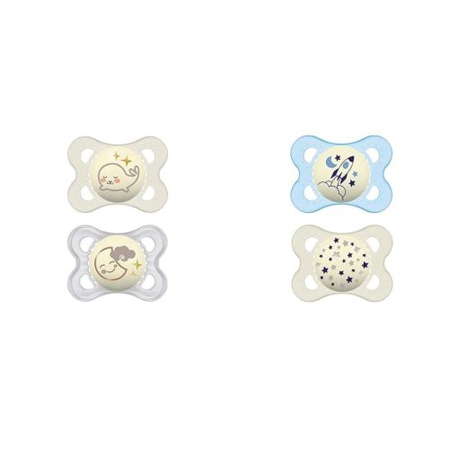 MAM Night Pacifiers with Glow-in-Dark Buttons, 0-6 Months, Breastfed Baby Pacifiers, Unisex, Includes Sterilizing Case and 2 Pacifiers