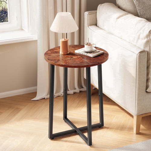 Side Table for Small Spaces, Round End Table with Metal Legs, Small Accent bedside Table for Living Room Bedroom, Reddish Brown