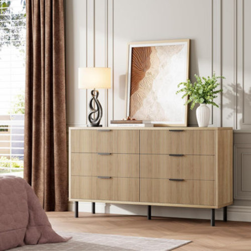 Ebern Designs Natural Oak Modern 6-Drawer Dresser with Metal Handles | Wayfair