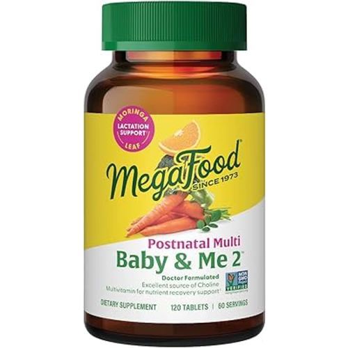 MegaFood Baby & Me 2 Postnatal Vitamins for Women Breastfeeding with Folate (Folic Acid Natural Form), Choline, Iodine, Vitamin D, Moringa Leaf and More - 120 Tabs (60 Servings)