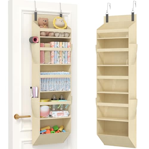 Lifewit 1 Pack Over the Door Organizer, Clear Window Hanging Storage with 4 Side Pockets, Anti Tilt 40 lbs Load Behind Door for Pantry, Nursery, Bathroom, Bedroom, Dorm, 5 Section, Beige