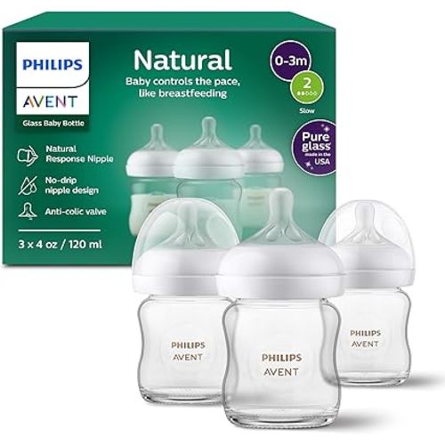 Philips Avent Natural Glass Baby Bottles with Natural Response Nipples (Slow Flow, Flow 2), 4oz, 3-pack, SCY910/03