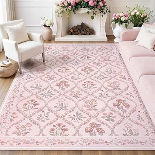 Pink Boho Area Rug for Nursery, 5x8 Washable Pink Rugs for Bedroom Girls Kids Room Living Room, Floral Pastel Carpet Non Slip for Classroom Playroom Dorm, Bedroom Decor, Pink Multi