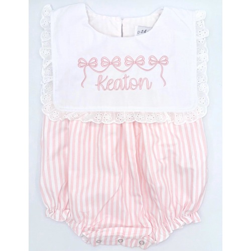 Monogram Baby Bubble Romper: Pink Pinstripes, Eyelet Ruffle Bib