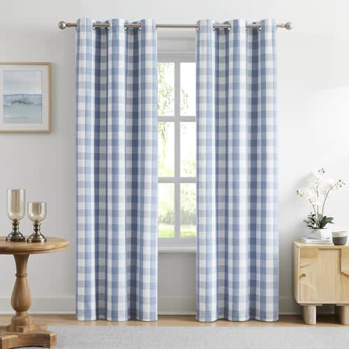 Amzdecor Blue White Buffalo Plaid Full Blackout Curtains 84 Inch Long for Bedroom Living Room Farmhouse Check Patterned Drapes Thermal Insulated Soundproof Grommet Window Treatment, 2 Panels, 40"x84"