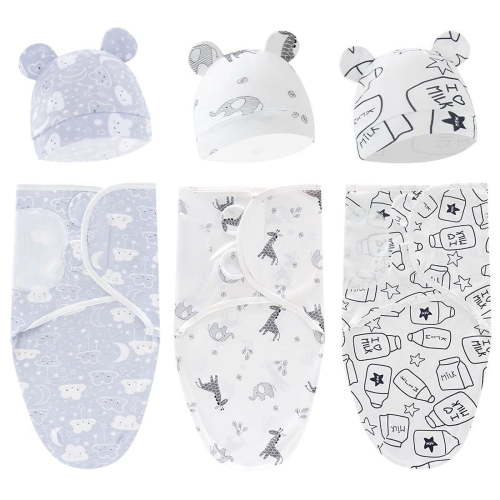 Baby Swaddle Sleep Sack with Hat, Soft Cotton Newborn Wearable Swaddle Wrap, for 0-3 months Girls Boys, 3-Pack