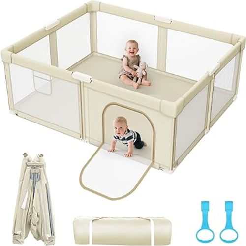 Foldable Baby Playpen - Portable & Collapsible 65"x50" Large Play Pen for Babies and Toddlers - Safety Kids Fence Play Area with 2 Handles & Carry Bag for Indoor & Outdoor Travel