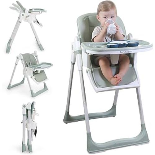 Silla alta para bebé 3 en 1 con ruedas, arnés ajustable de 5 puntos, bandeja, reposapiés, respaldo y altura del asiento, silla alta plegable para niños pequeños, verde