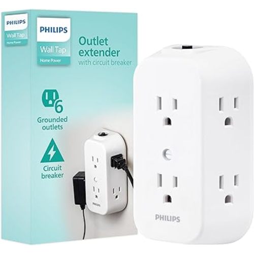 Philips 6-Outlet Extender, Grounded Wall Tap, Reset Button, Circuit Breaker, Adapter Spaced Outlets, 3-Prong, Multiple Plug, Quick and Easy Install, Cruise Essentials, ETL Listed, White, SPS1460WA/37