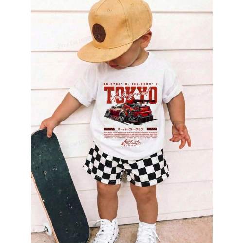 SHEIN 2pcs/Set Baby Boy Cute Summer Casual Racing Vintage Distressed Car Graphic Loose Short Sleeve T-Shirt Ch Holiday White And Red Black And White | SHEIN USA