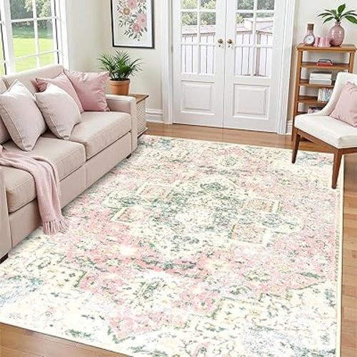 DELISEPT 5x7 Washable Area Rugs Green and Pink Rug for Bedroom Girls Soft Boho Vintage Floor Carpet Non-Slip Oriental Rug for Bedside Nursery Living Room Dinning Room