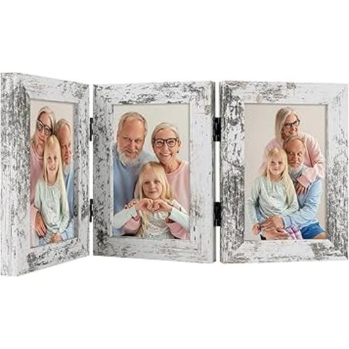 Frametory, 3 Picture Frames 4x6 Trifold Photo Frames Collage - Real Glass - Triple Folding (Distressed White, 1 Pack)