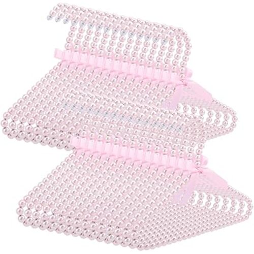 INFUNLY 30 Pcs Pink Pearl Clothes Hanger 11.4x8.7 Inches Pink Pearl Beaded Clothes Rack Small Pearl Garment Holder Ribbon Bow Dress Hanger Metal Elegant Clothes Hangers for Women Pet Bridesmaid Gift