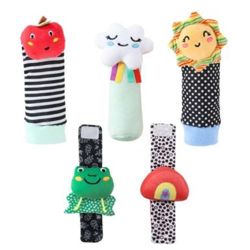 The Peanutshell Montessori Baby Rattle Socks and Wrist Rattle Set, 5 Piece