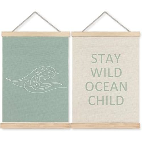 BearCake Stay Wild Ocean Child Green Beach Nursery Wall Decor Art Poster Hanger Frame, Coastal Ocean Canvas Prints Framed Wall Decor for Nursery Kids Toddler Room Playroom, 12x16 Inch Set of 2
