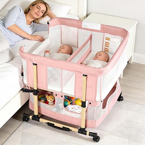 Twin Bassinet for 2 Babies, Double Bassinet for Twins, Rocking Bassinet with Wheels and Storage Basket, Full-Mesh Sides, 5-Height Adjustable, Portable and Stable Baby Crib Pink