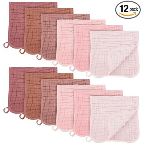 SWEET DOLPHIN 12 Pack Muslin Burp Cloths Large 100% Cotton Burping Clothes for Baby Drool - Absorbent and Soft Boys & Girls Milk Spit Up Rags for Newborn Essentials Registry - Dewy Petal
