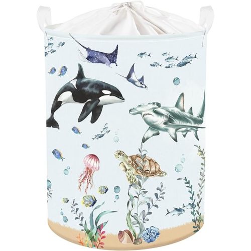 Ocean Animals Baby Laundry Hamper Collapsible Clothes Kids Storage Basket Large Boys Girls Gift Toy Box Bin for Nursery Room, Blue Shark, 63L